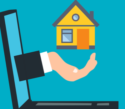 A graphic of a laptop with a hand holding a house representing foreign investment